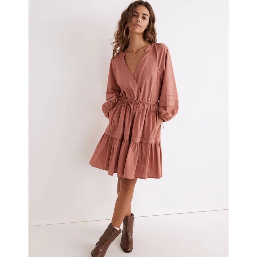 Madewell Poplin Wrap Mini Dress Size Medium Quartz Pink Peasant Balloon Sleeves‎
